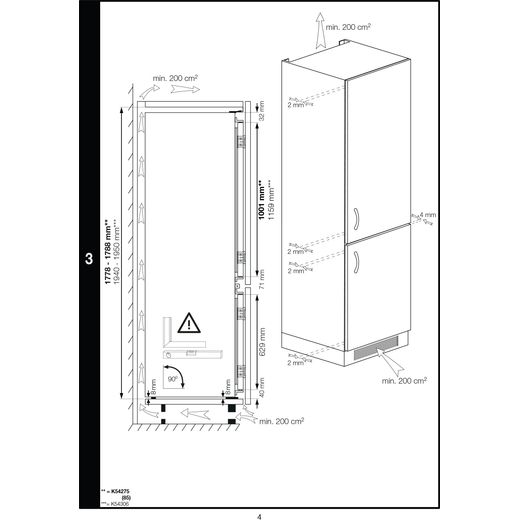 Beko Integrated 70/30 Fridge Freezer with Sliding Door Fixing Kit - White - Annotation - Dimension shot