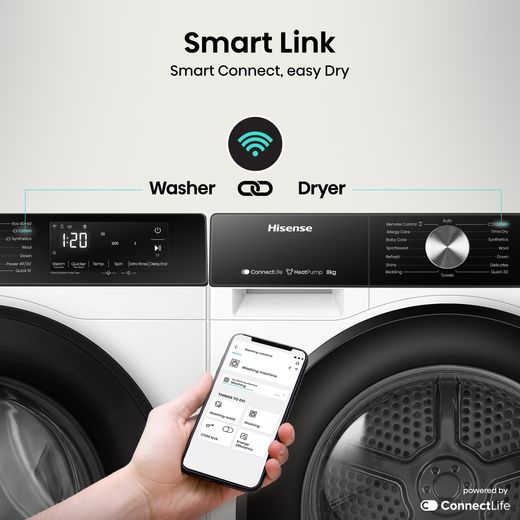 Hisense DH3S802BW3 Wifi Connected 7Kg Heat Pump Tumble Dryer - White - Annotation - Smart link shot