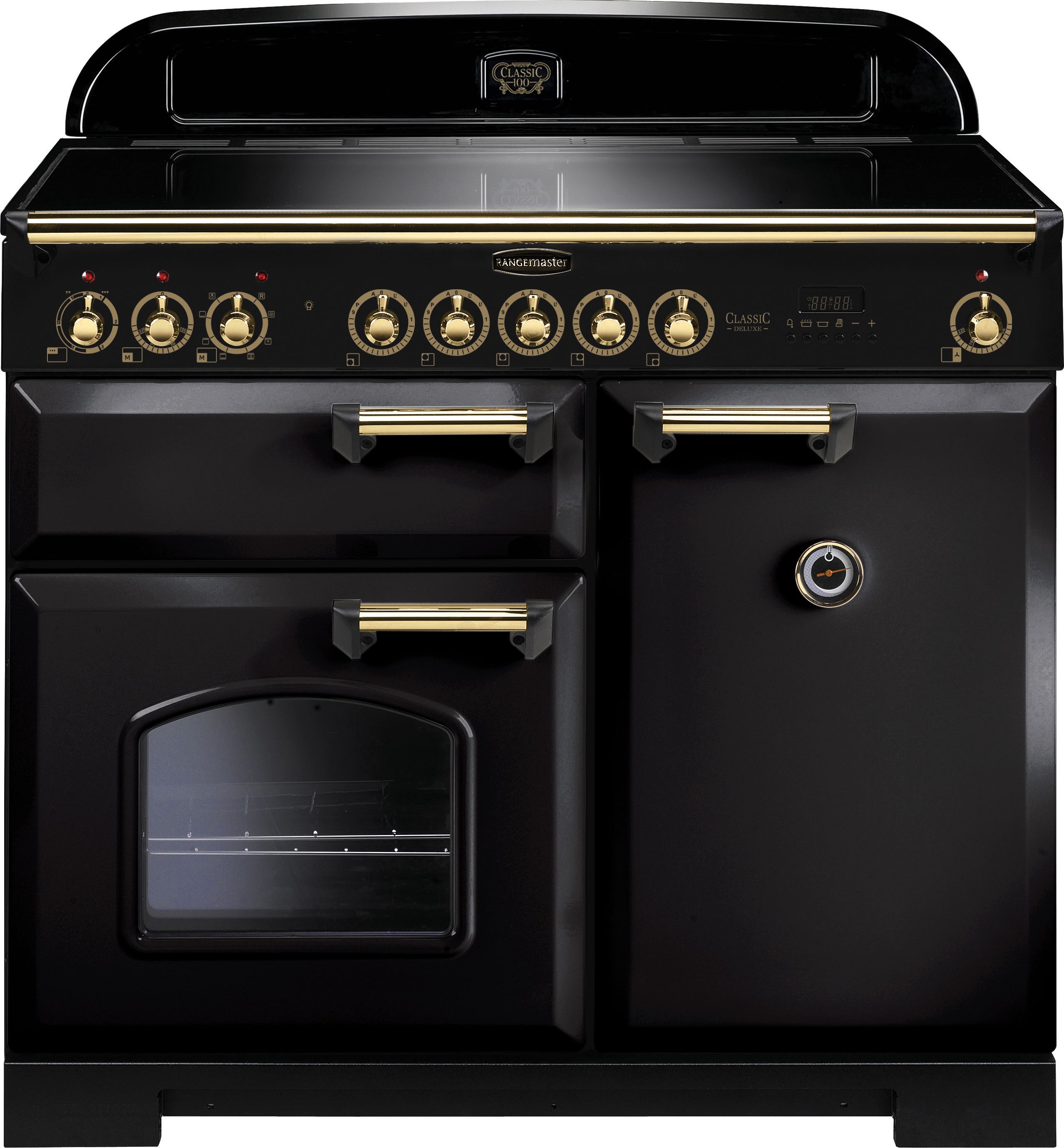 Rangemaster Classic Deluxe CDL100EIBL/B 100cm Electric Range Cooker with Induction Hob - Black / Brass - A/A Rated, Black