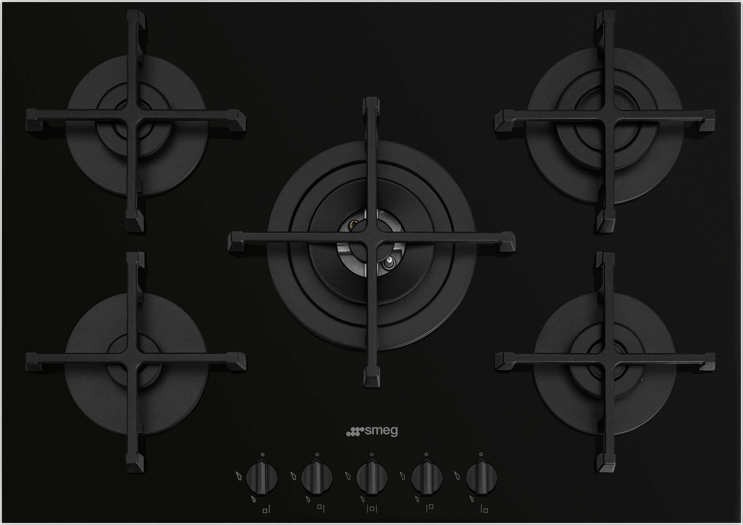 Smeg 72cm Gas Hob - 5 Burners - Black - Cast Iron Pan Supports