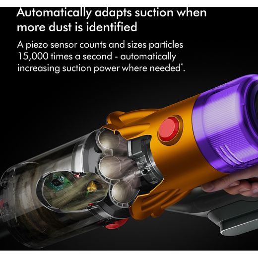 Dyson Cordless Vacuum Cleaner with up to 60 Minutes Run Time - Brushed iron / Yellow - Annotation - Automatically adapts suction