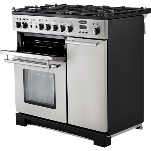 Rangemaster Toledo + 90cm Dual Fuel Range Cooker - Stainless Steel / Chrome - Top left door open