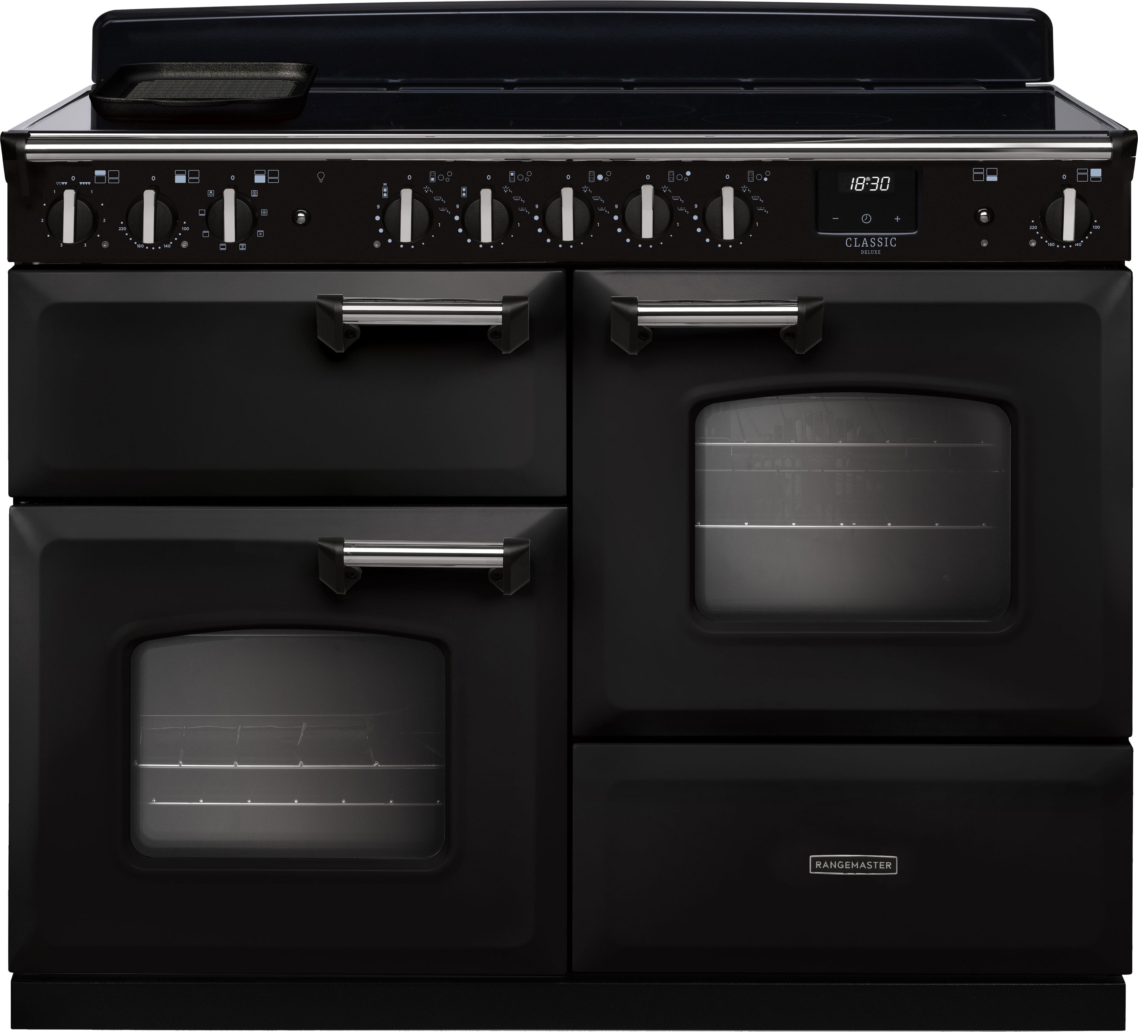 Image of Rangemaster Classic Deluxe OC CLDLO110EIPCBL/CM1 110cm wide Electric Range Cooker with Induction Hob - Charcoal Black / Chrome - A/A Rated, Black