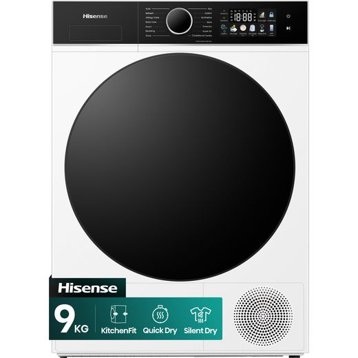 Hisense 3i KitchenFit Series DH3I902UWDC Wifi Connected 9Kg Heat Pump Tumble Dryer - White - front shot