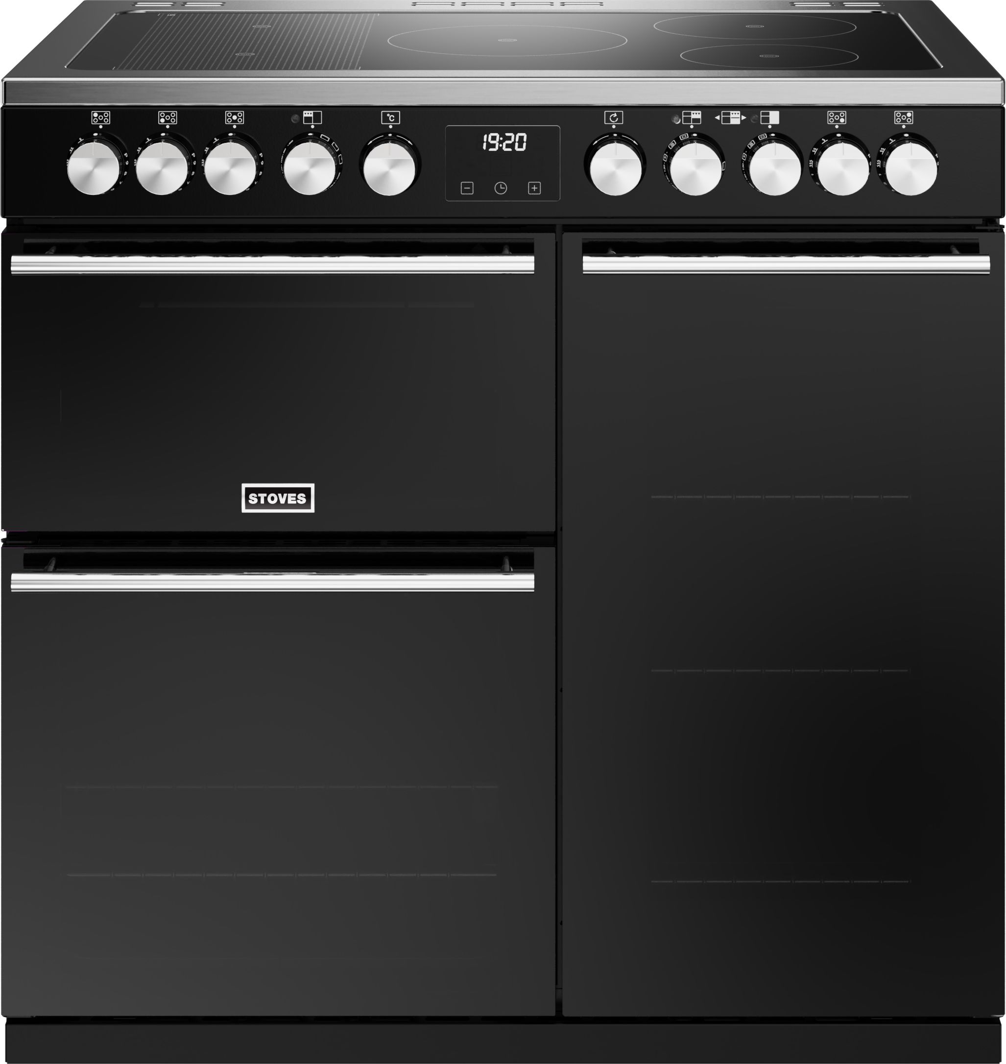 Stoves Precision Deluxe ST DX PREC D900Ei RTY BK 90cm Electric Range Cooker with Induction Hob - Black - A Rated, Black
