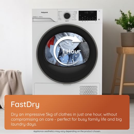 Hotpoint FabicCare C HD 94M WBS UK 9Kg Heat Pump Tumble Dryer - White - Annotation - FastDry