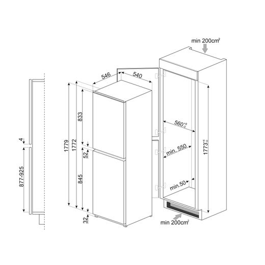 Smeg Integrated Fridge Freezer - White - Dimensions
