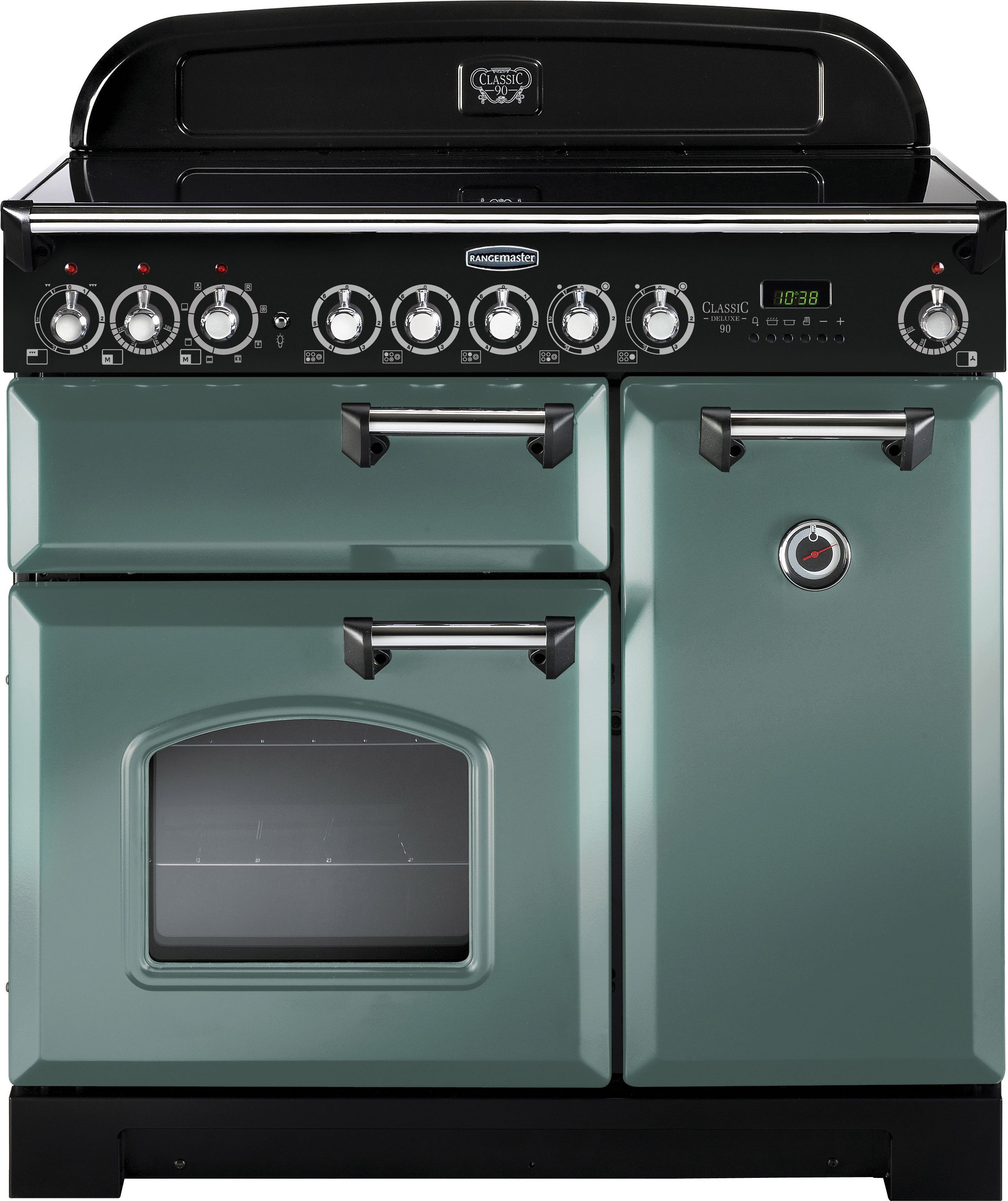 Rangemaster Classic Deluxe CDL90ECMG/C 90cm Electric Range Cooker with Ceramic Hob - Mineral Green / Chrome - A/A Rated, Green