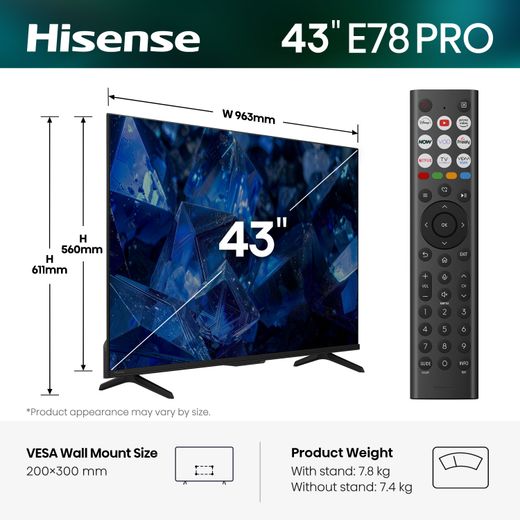 Hisense 43" 4K Ultra HD QLED Smart TV [2026] - Dimensions