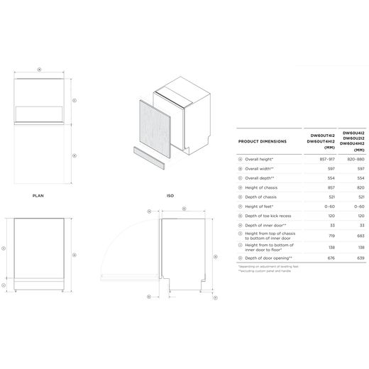 Fisher & Paykel Series 7 Fully Integrated Standard Dishwasher - Black with Fixed Door Hinge Kit - Dimensions