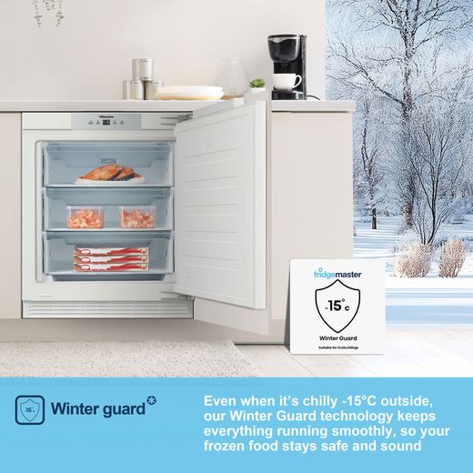 Fridgemaster Integrated Under Counter Freezer with Fixed Door Hinge Kit - annotation - winter guard shot