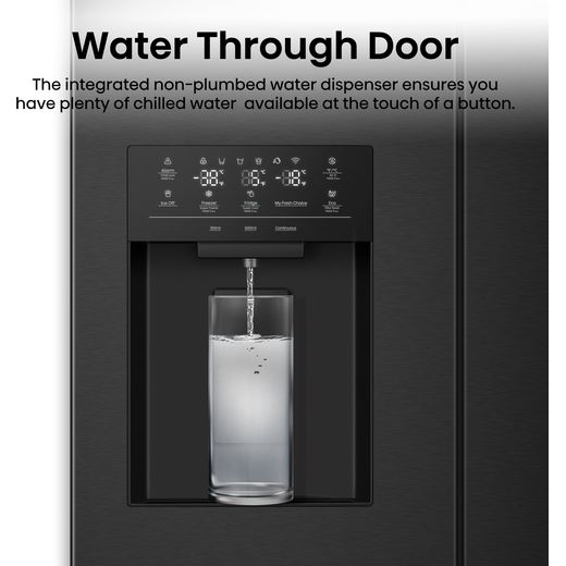 Hisense PureFlat Slim American Fridge Freezer - Black / Stainless Steel - Annotation - Water through door shot