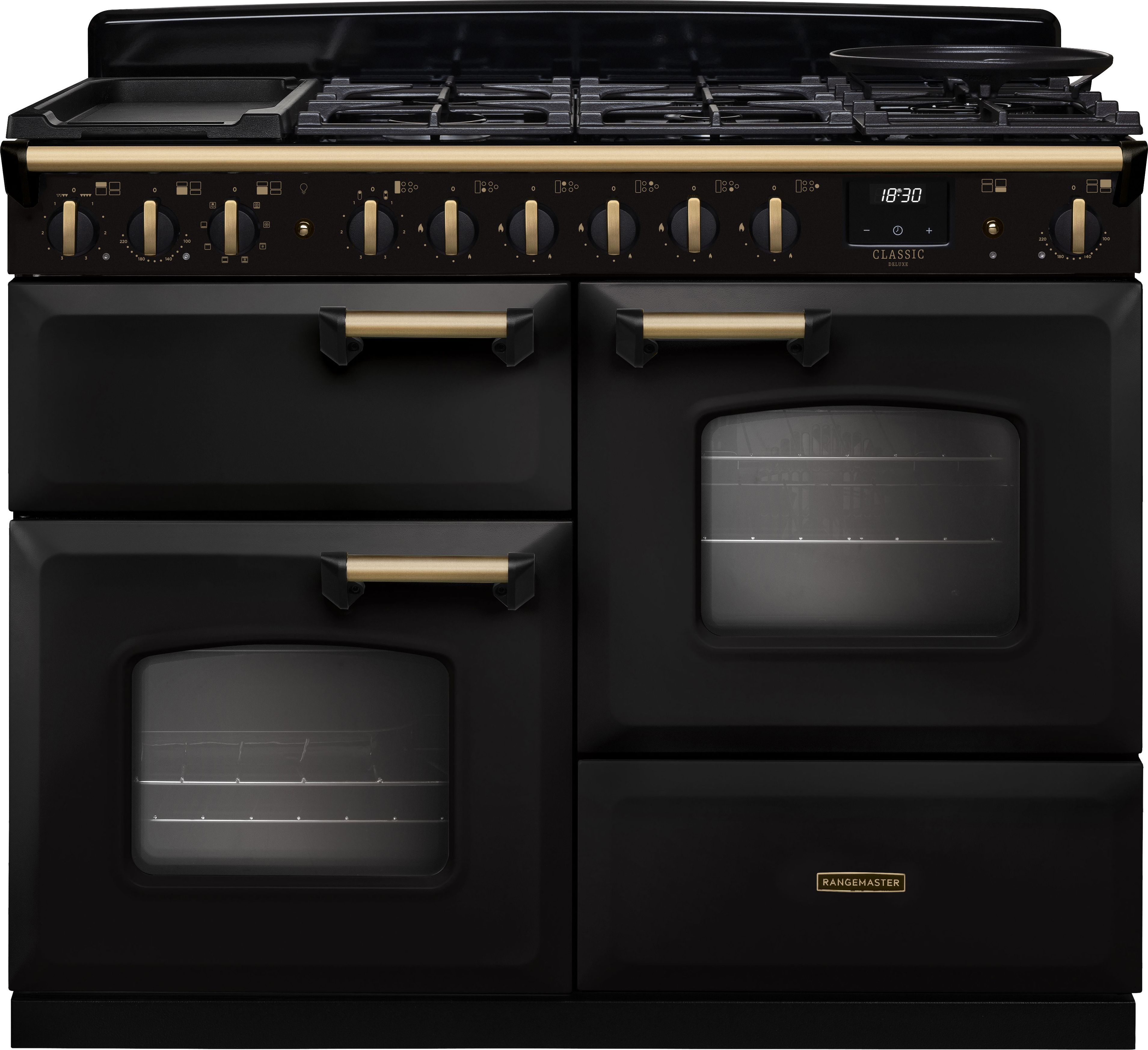 Image of Rangemaster Classic Deluxe 110 CLDLO110DFPCBL/AB1 110cm wide Dual Fuel Range Cooker with Gas Hob - Charcoal Black / Antique Brass - A Rated, Black