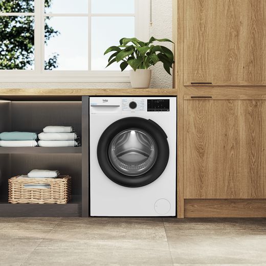 Beko EnergySpin™ BM3WT1241IW 12kg Washing Machine with 1400 rpm - White - Washing machine in utility room shot