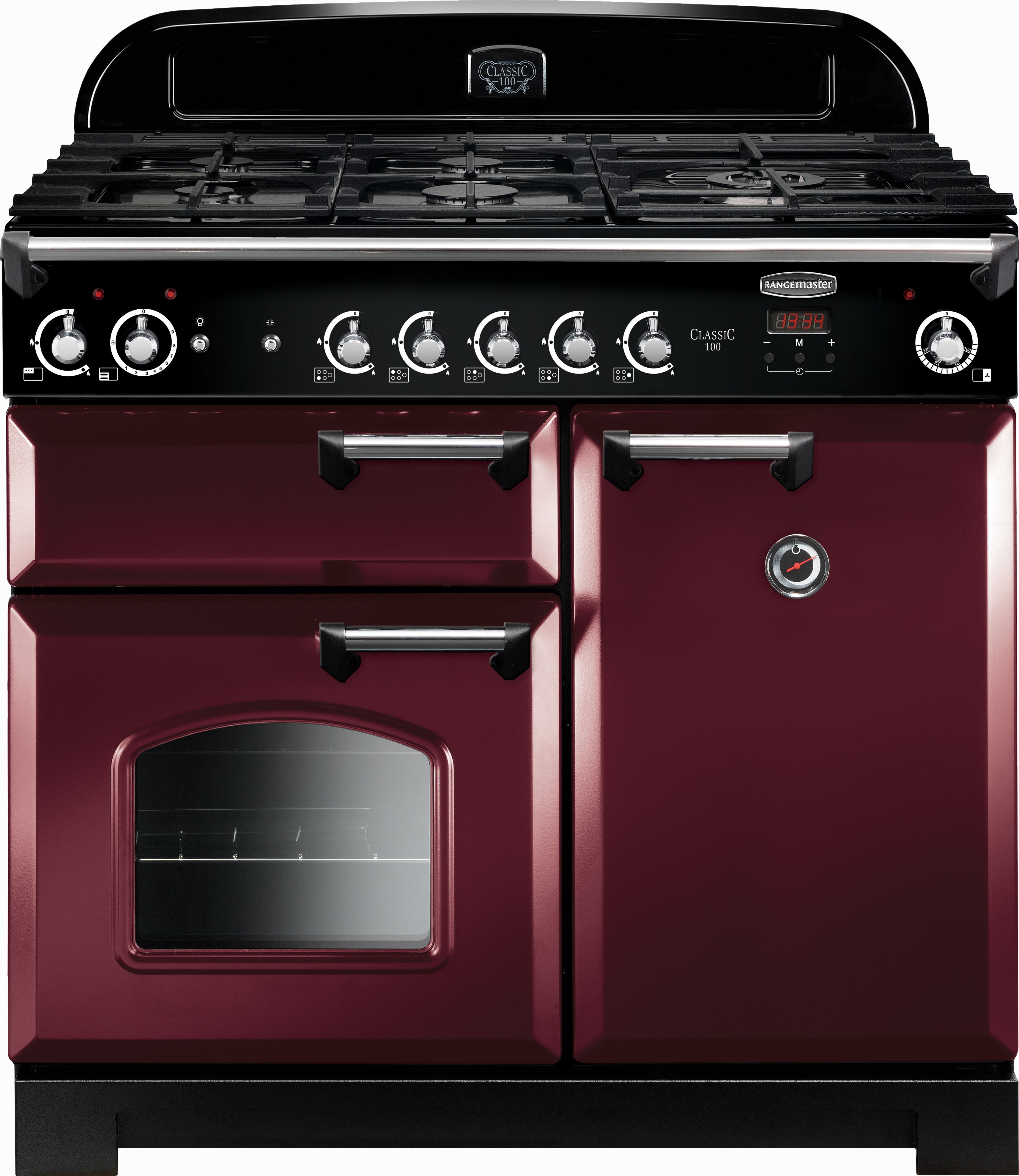 Rangemaster Classic CLA100NGFCY/C 100cm Gas Range Cooker with Electric Fan Oven - Cranberry / Chrome - A+/A Rated, Red