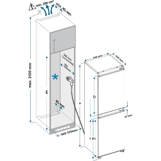 Russell Hobbs RH177BILFFF1E2 177cm 50/50 Integrated Fridge Freezer with Sliding Door Fixing Kit - White - Dimensions