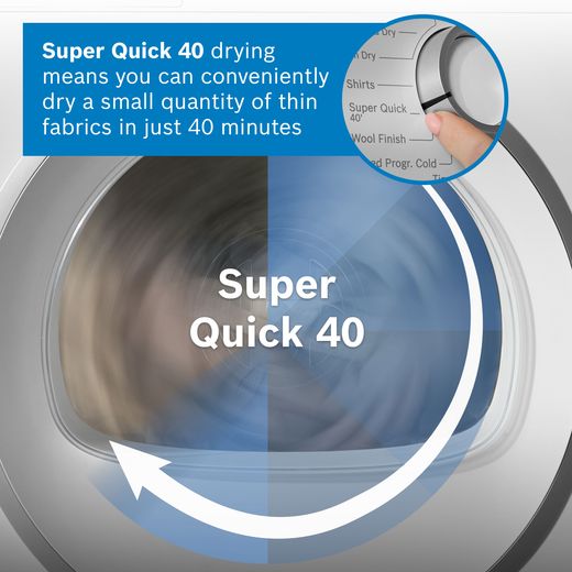 Bosch Series 4 WTH85226GB 8Kg Heat Pump Tumble Dryer - White  - Annotation - super quick 40 shot