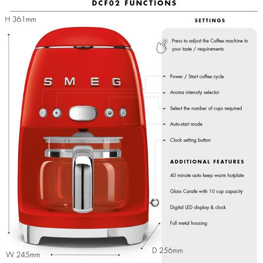 Smeg 50's Retro Filter Coffee Machine with Timer - Red - Annotation - Functions and features