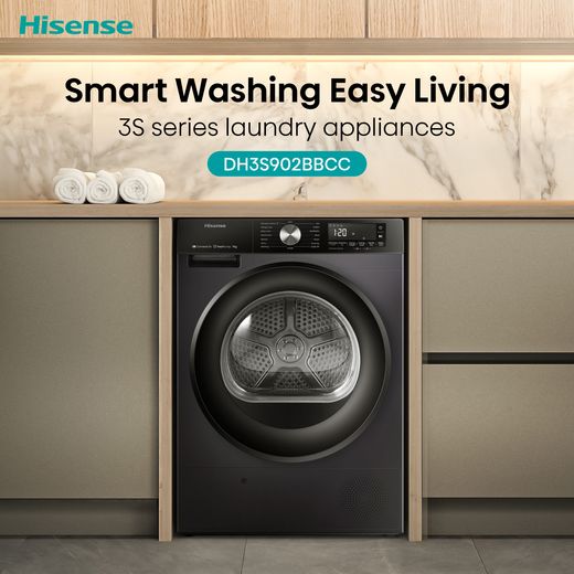 Hisense 3S Series DH3S902BBCC Wifi Connected 9Kg Heat Pump Tumble Dryer - Black - Annotation - 3S series