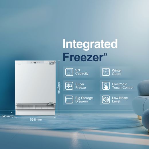 Fridgemaster Integrated Under Counter Freezer with Fixed Door Hinge Kit - annotation - feature shot