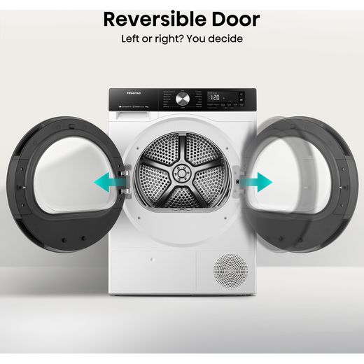 Hisense DH3S802BW3 Wifi Connected 7Kg Heat Pump Tumble Dryer - White - Annotation - Reversable door shot
