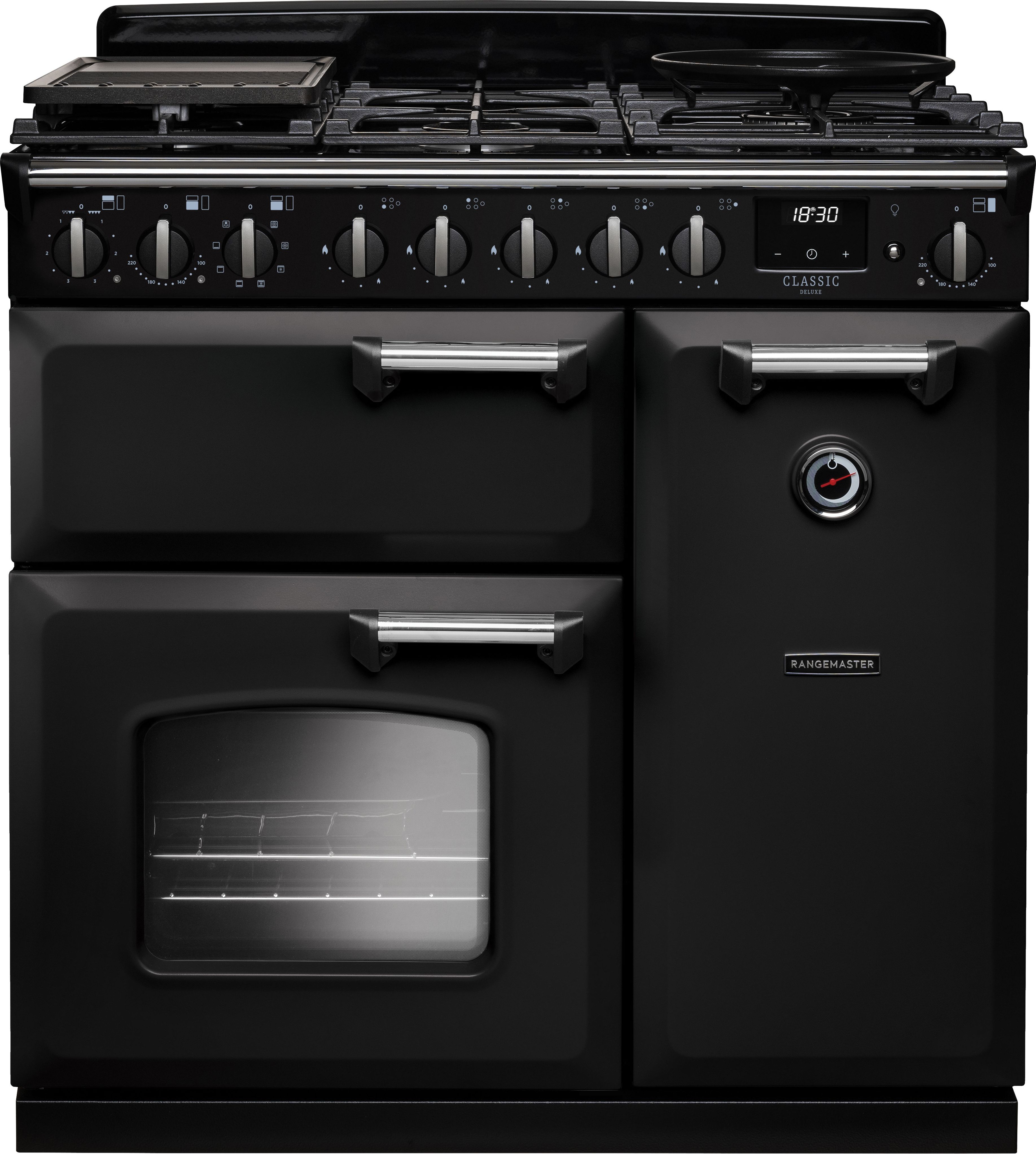 Image of Rangemaster Classic Deluxe CLDL90DFPCBL/CM1 90cm wide Dual Fuel Range Cooker with Gas Hob - Charcoal Black / Chrome - A Rated, Black