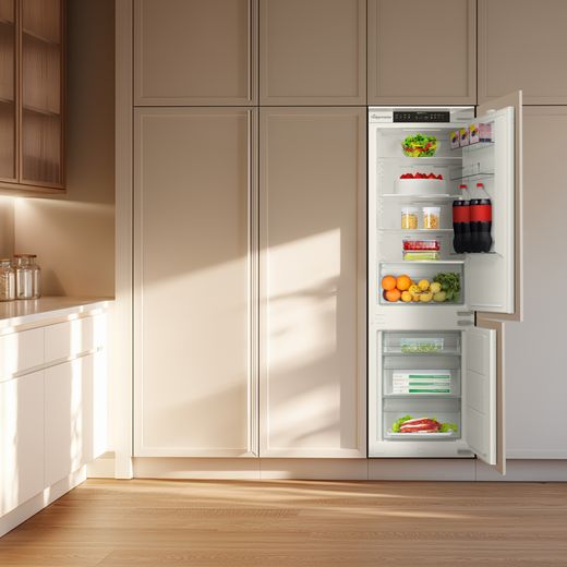 Fridgemaster MBC55252NE 177cm 70/30 Integrated No Frost Fridge Freezer with Sliding Door Fixing Kit - White - Fridge freezer in kitchen