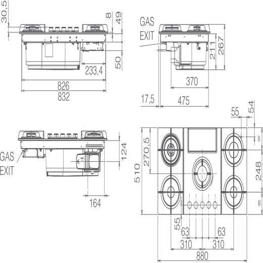 Elica NikolaTesla Flame EVO NT-FLAME-EVO-BL 88cm Venting Gas Hob - Black  - Annotation - Dimension shot 