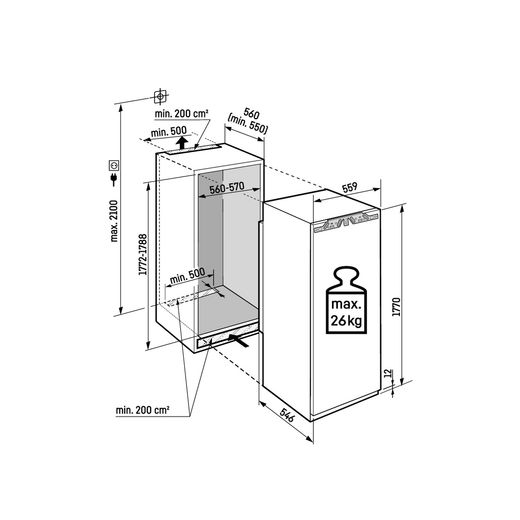 Liebherr Pure IRe5101 Integrated Upright 177cm Fridge with Ice Box - White  - Dimensions