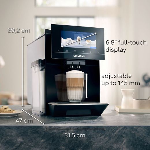Siemens EQ900 TQ903GB9 Bean to Cup Coffee Machine - Black - Annotation - Dimension shot