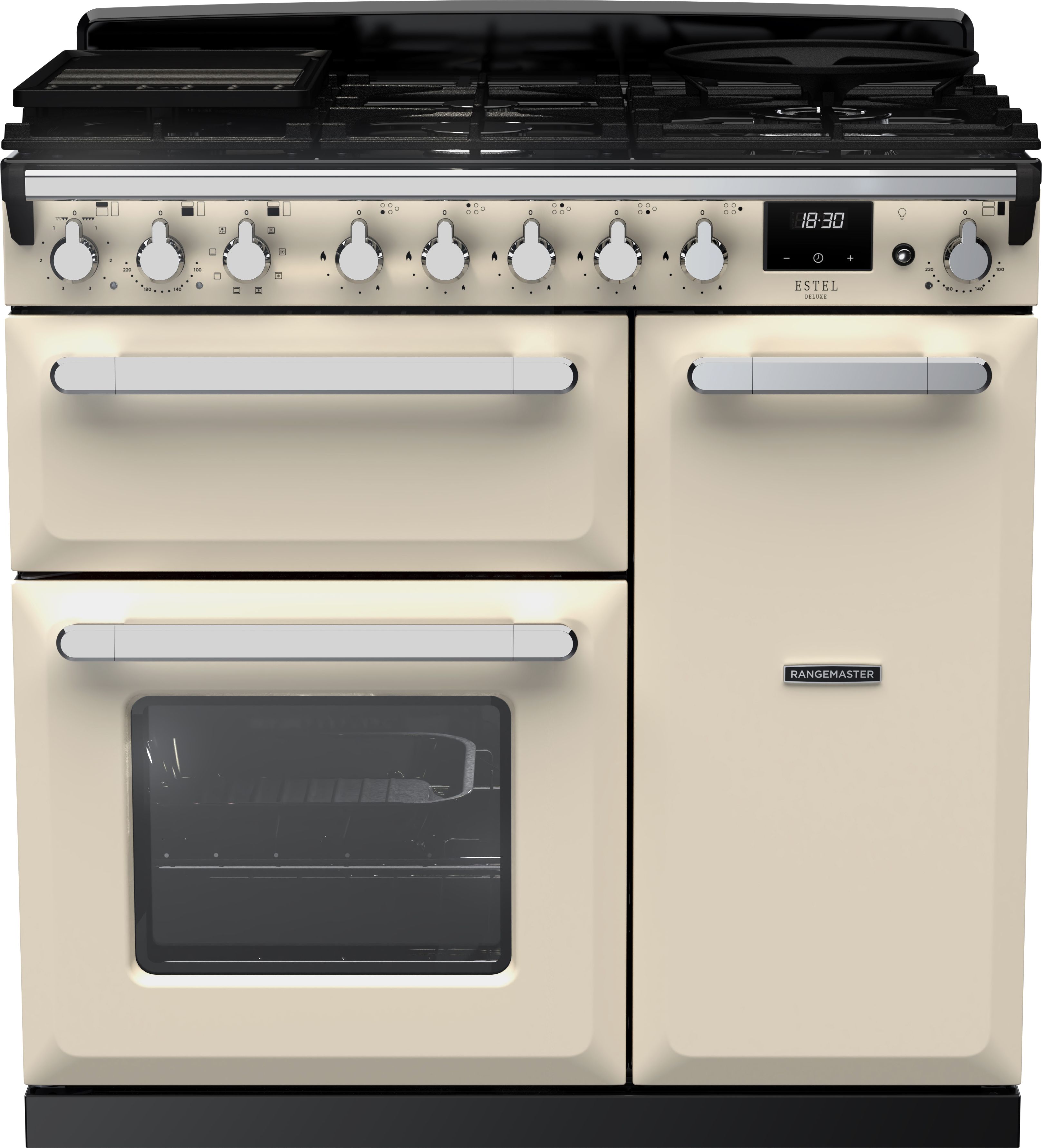 Image of Rangemaster Estel Deluxe ESDL90DFPPCR/CM1 90cm wide Dual Fuel Range Cooker with Gas Hob - Cream / Chrome - A/A Rated, Cream
