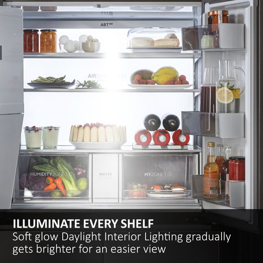Haier Series 7 American Fridge Freezer - Sapphire Glass - Annotation - illuminating shelves shot
