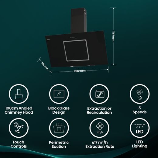 Hisense CH10IN14BBUK 100cm Angled Chimney Cooker Hood - Jet Black - Annotation - Features