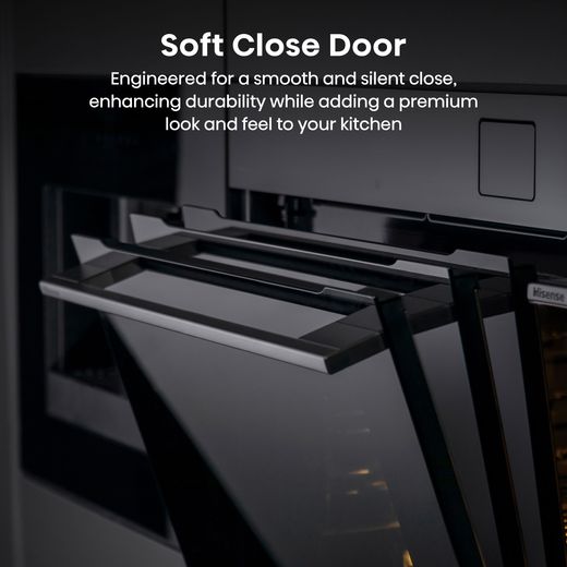 Hisense Hi8 BlackLine BAS6PH8BUKWF Wifi Connected Built In Electric Single Oven with Pyrolytic Cleaning - Black - Annotation - Soft close door shot