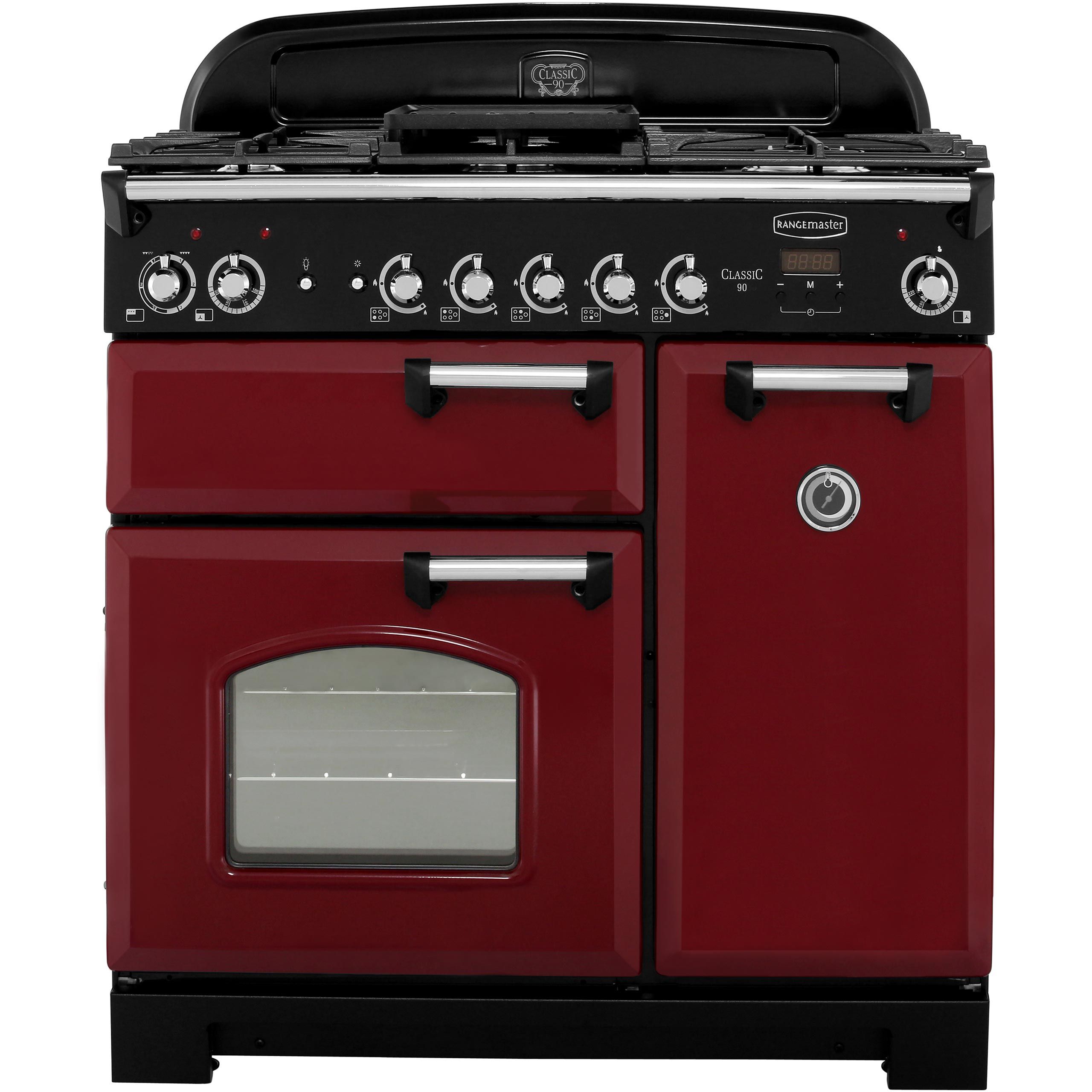 Rangemaster Classic CLA90DFFCY/C 90cm Dual Fuel Range Cooker - Cranberry / Chrome - A/A Rated, Red