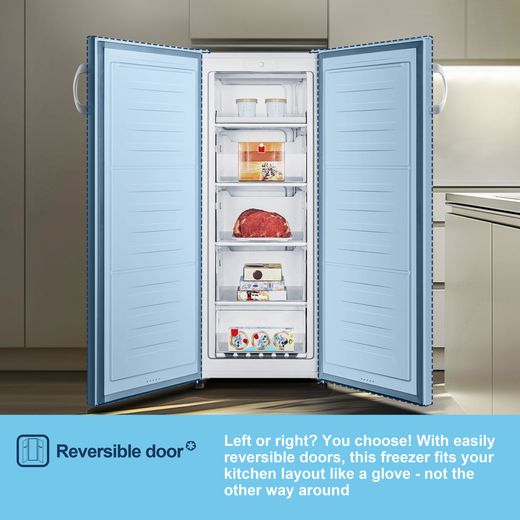 Fridgemaster MTZ55153E 143cm Small Upright Freezer - White - Annotation - Reversible door shot