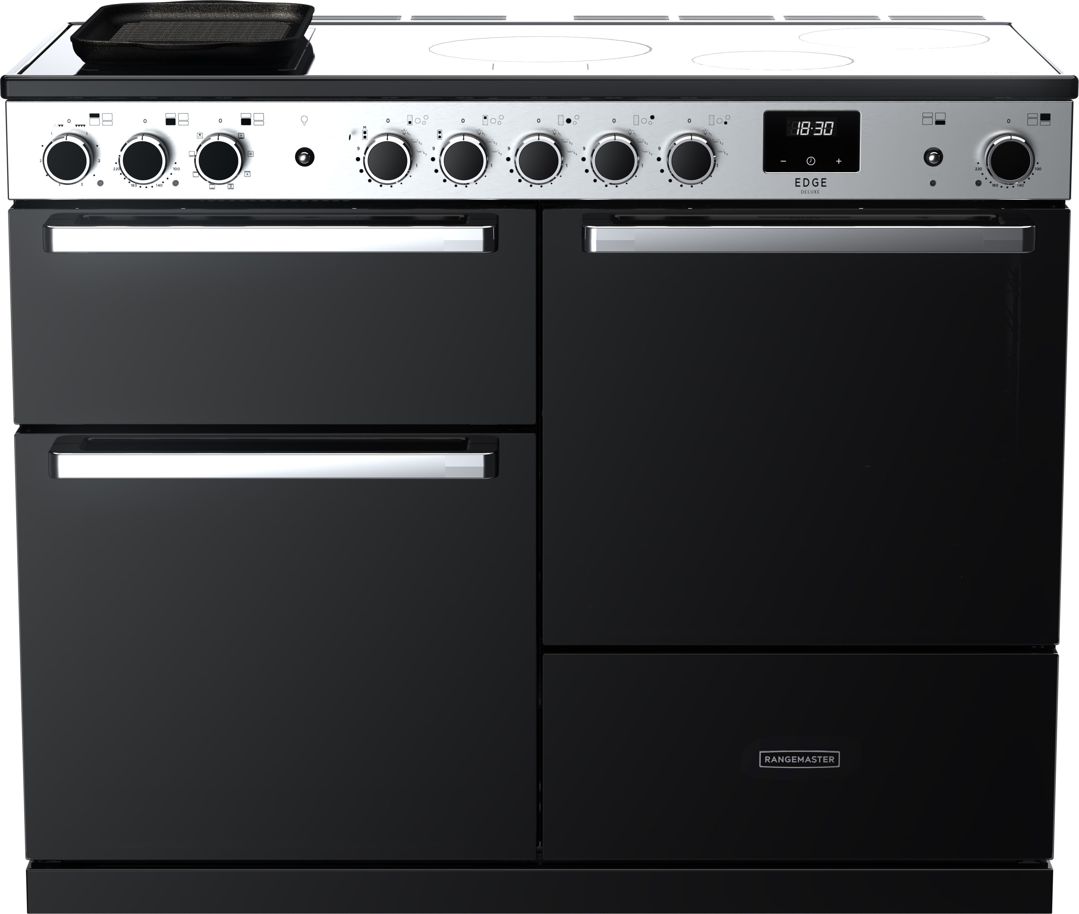 Image of Rangemaster Edge Deluxe EDDLO110EIGBLK/CM1 110cm wide Electric Range Cooker with Induction Hob - Black Glass / Chrome - A/A Rated, Black