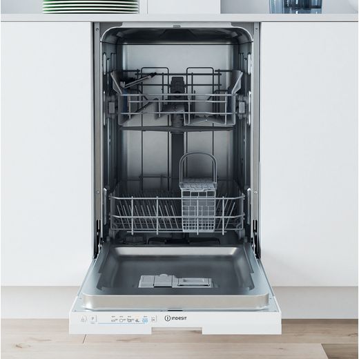 Indesit Fully Integrated Slimline Dishwasher - White Control Panel - Dishwasher with door open shot