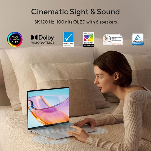 ASUS Zenbook S16 UM5606GA-SR040W OLED 16" Copilot+ Laptop - AMD Ryzen™ AI 7, 1TB SSD, 32 GB RAM - White - annotation - cinematic sight and sound shot