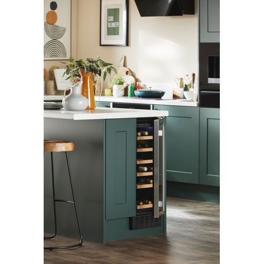 CDA Wine Cooler - Stainless Steel - Wine cooler in kitchen under counter with door open shot