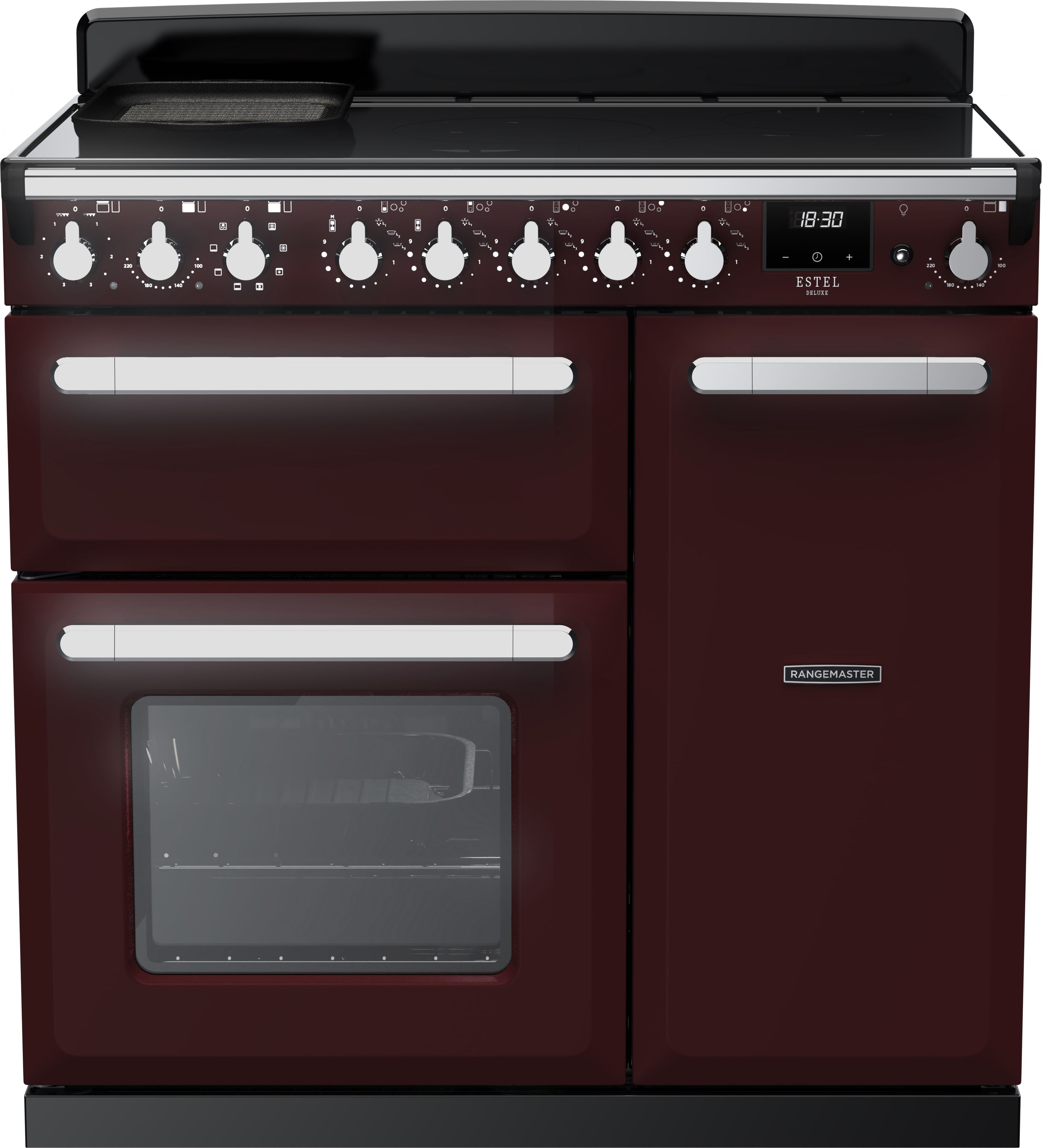 Image of Rangemaster Estel Deluxe ESDL90EIPBOR/CM1 90cm wide Electric Range Cooker with Induction Hob - Bordeaux / Chrome - A/A Rated, Red