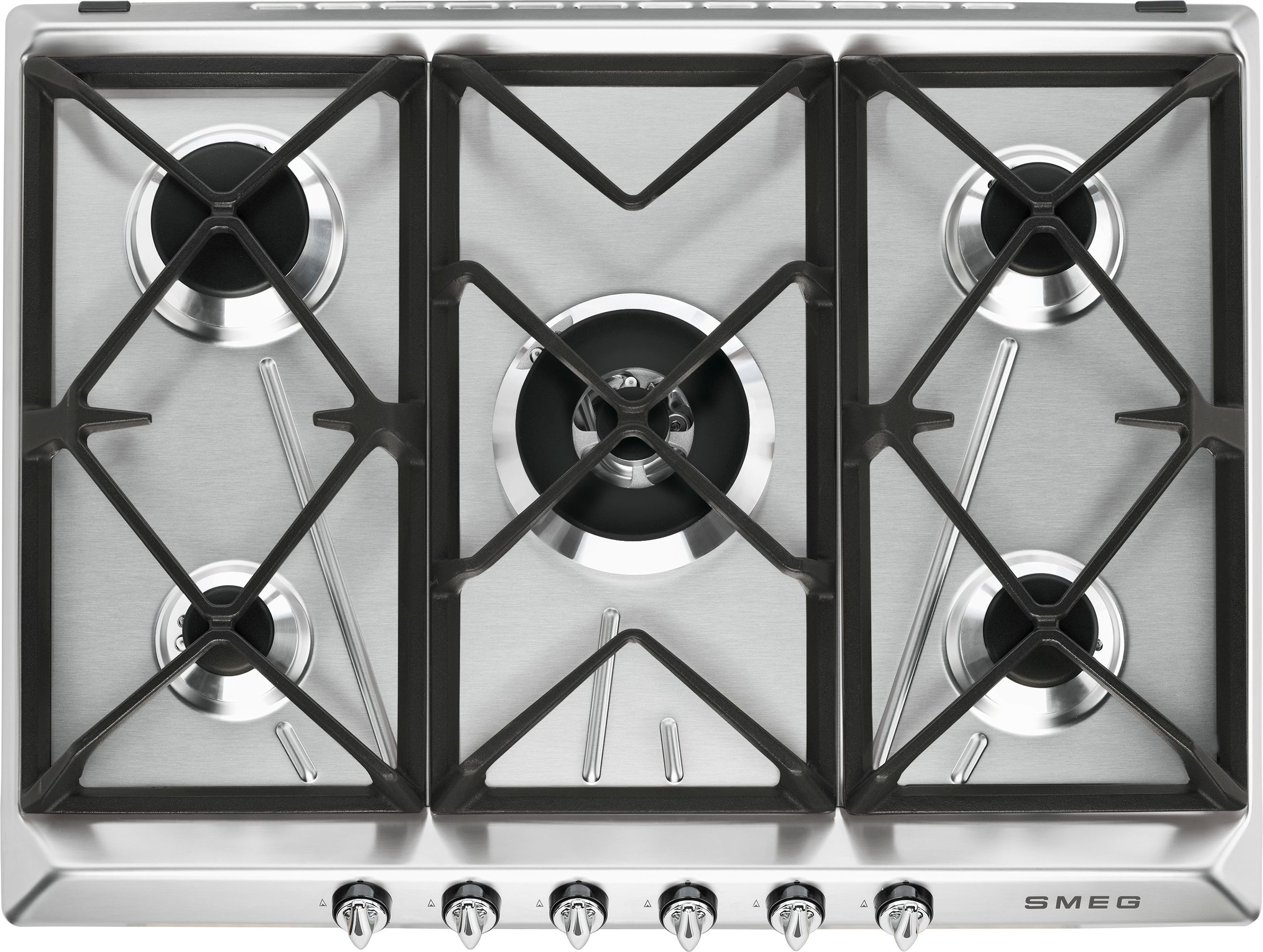 Smeg 68.5cm Gas Hob - Stainless Steel - 5 Burners - Wok Burner - Cast Iron Supports