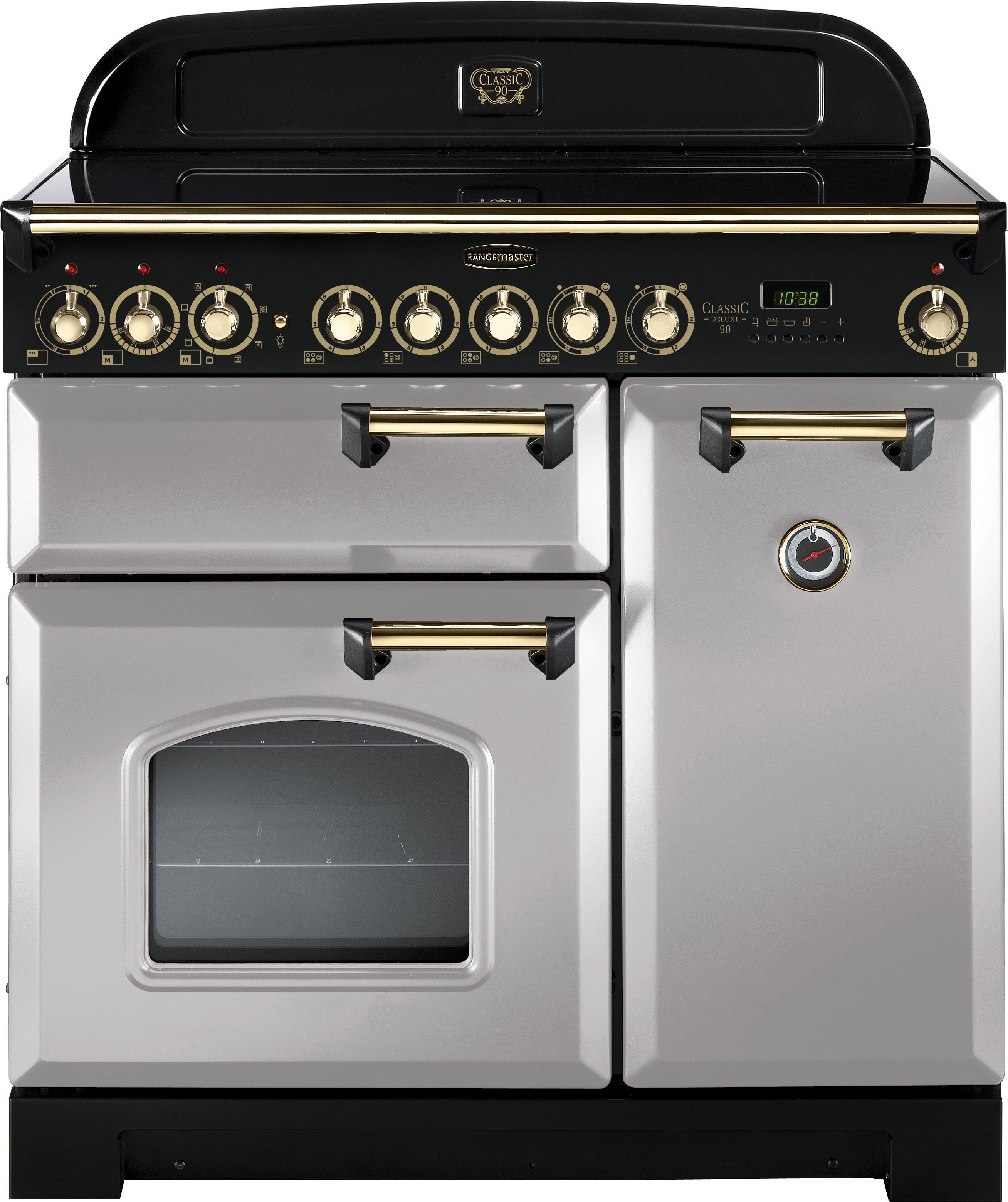 Rangemaster Classic Deluxe CDL90ECRP/B 90cm Electric Range Cooker with Ceramic Hob - Royal Pearl / Brass - A/A Rated, Grey