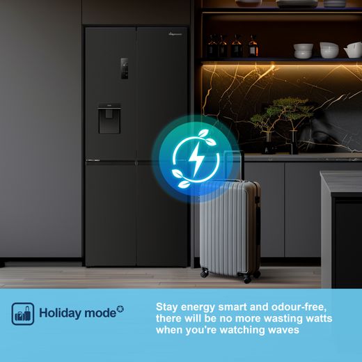 Fridgemaster American Fridge Freezer - Black - Annotation - Holiday mode