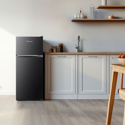 Fridgemaster MTM48120EB 117cm 80/20 Small Fridge Freezer - Black - Fridge freezer in kitchen shot