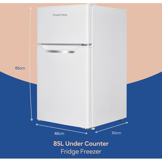 Russell Hobbs Under-Counter Fridge Freezer in White - Annotation - Dimensions shot