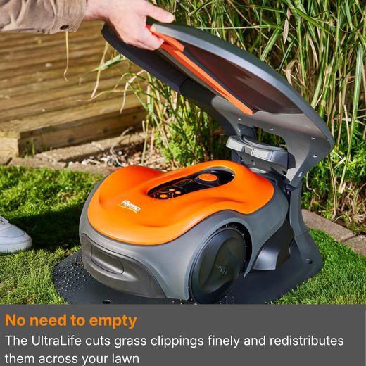 Flymo ULTRALIFE 1500 Robotic Lawn Mower - Orange - annotation - no need to empty shot