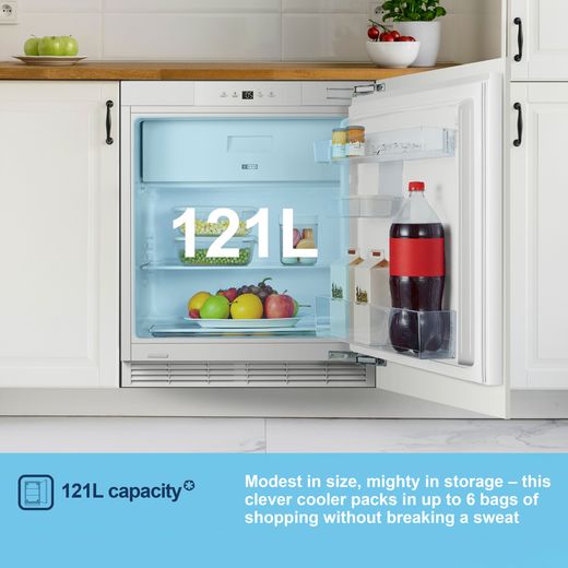 Fridgemaster MBUR60121E Integrated Under Counter 82cm Fridge - Fixed Door Hinge Kit - White - annotation - capacity shot