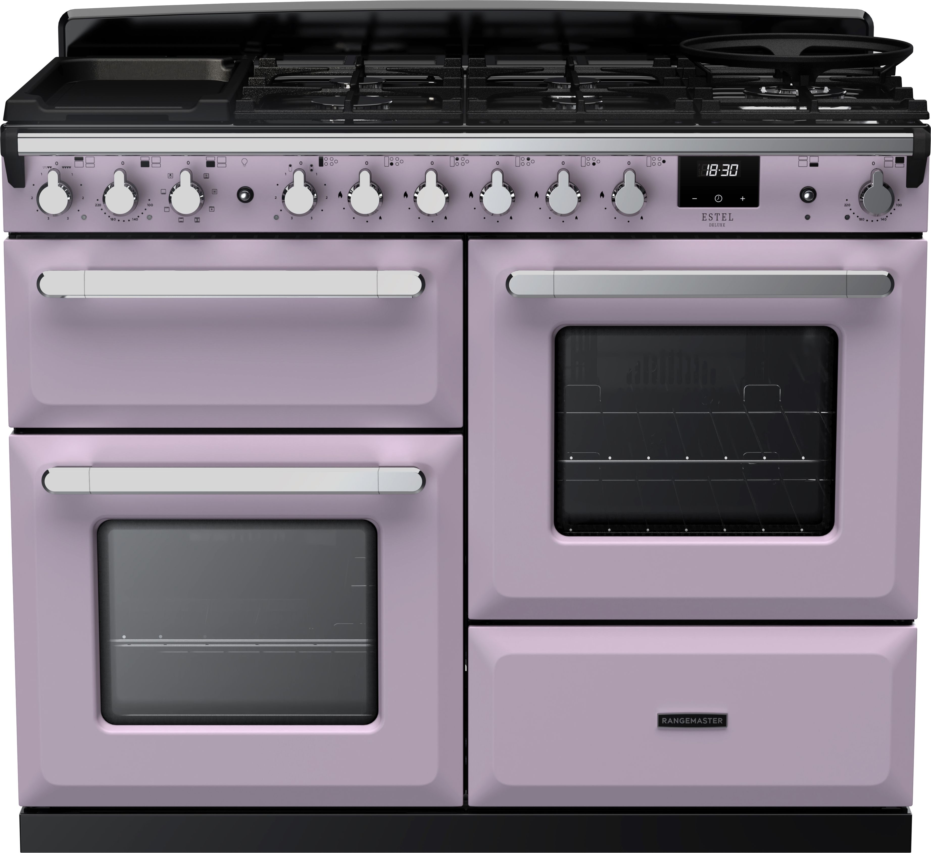 Image of Rangemaster Estel Deluxe ESDLO110DFPHTH/CM1 110cm wide Dual Fuel Range Cooker with Gas Hob - Heather / Chrome - A/A Rated, Purple