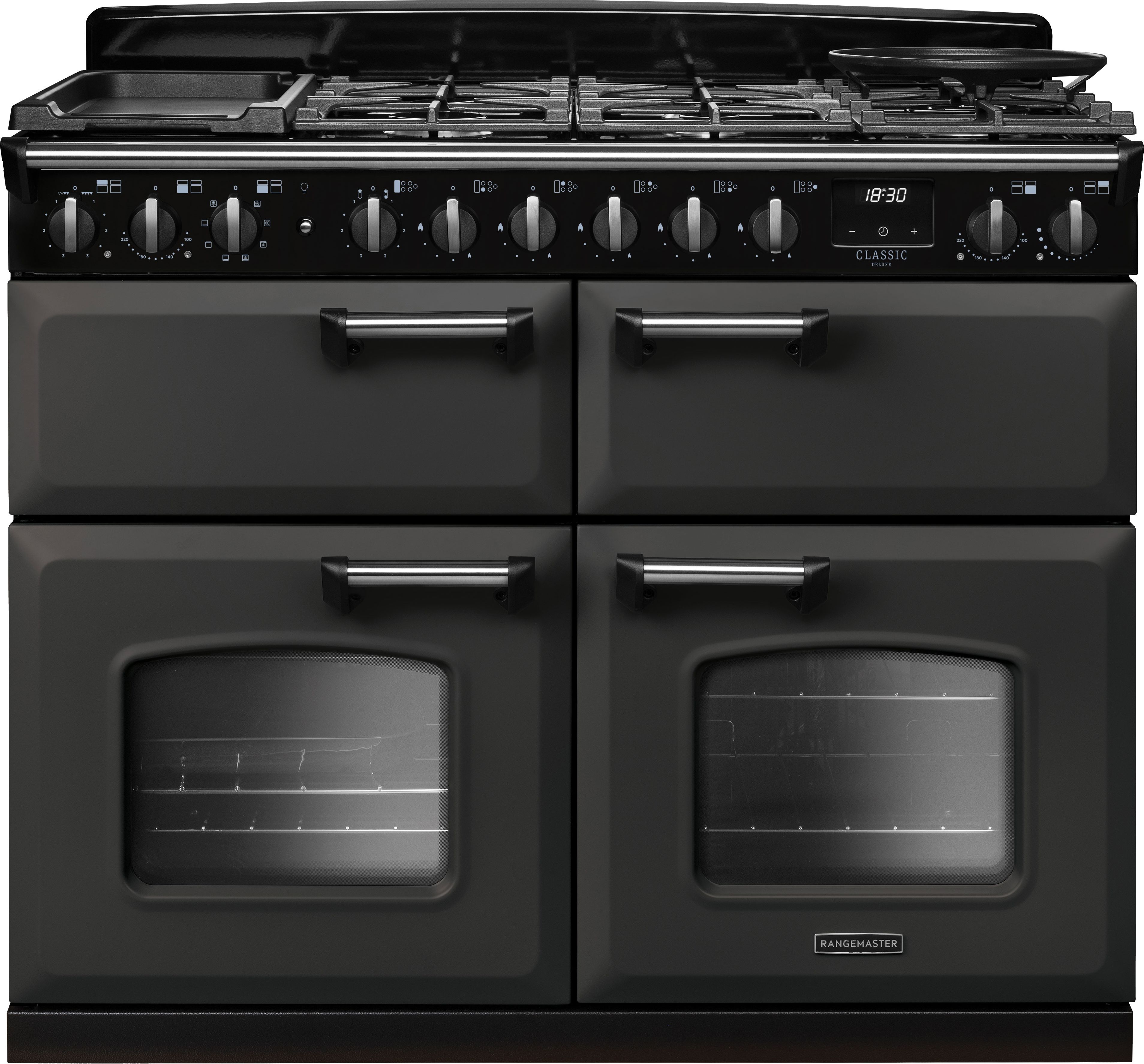 Image of Rangemaster Classic Deluxe CLDLB110DFPSLT/CM1 110cm wide Dual Fuel Range Cooker with Gas Hob - Slate / Chrome - A Rated, Grey
